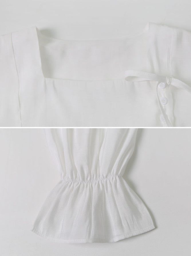 Silky Square Ribbon Frill Blouse (3color)