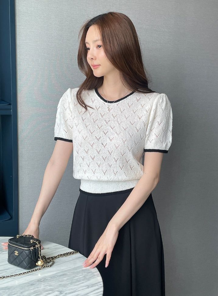 iam mari（アイアム マリ）の「Caron Color Matching Openwork Puff Short Sleeve Knit（Tops）」