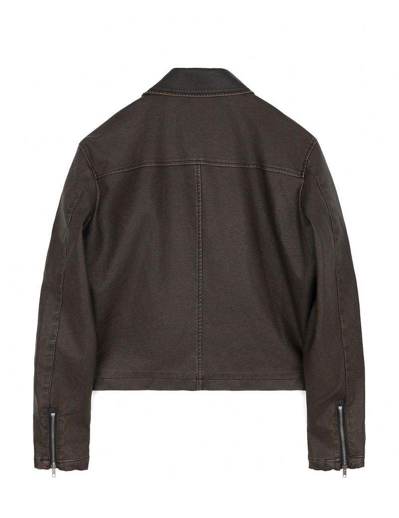 Washed Leather Crop Jacket - Brown