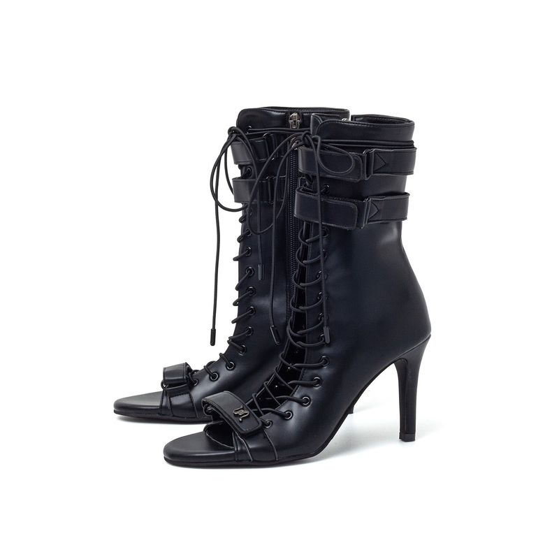 Double Strap Lace-Up Open Toe Heel(Black)