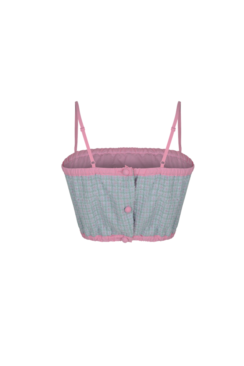 Pink tweed and crochet bustier