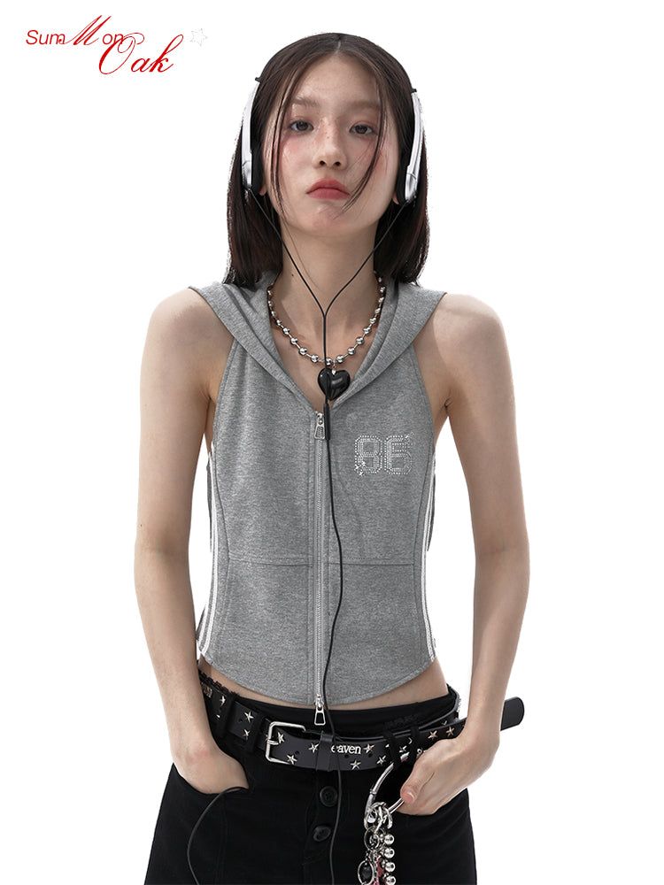 summon oak（サモンオーク）の「Summon Oak American Vintage Sports Cropped Waist - Cinching Slim - Fit Backless Cardigan Hooded Vest for Women（Tops）」