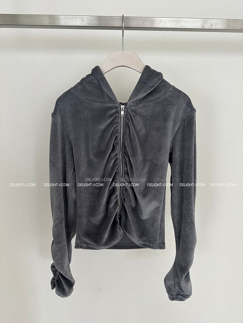 Velvet Shirring Hood Zip-Up