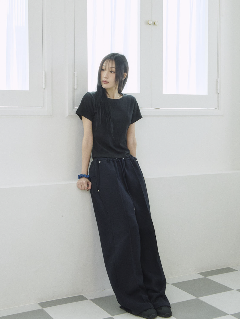 Cotton Blend Wide Track Pants [Navy]