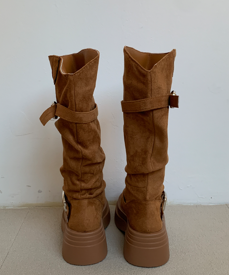 line suede buckle slouch long bootS