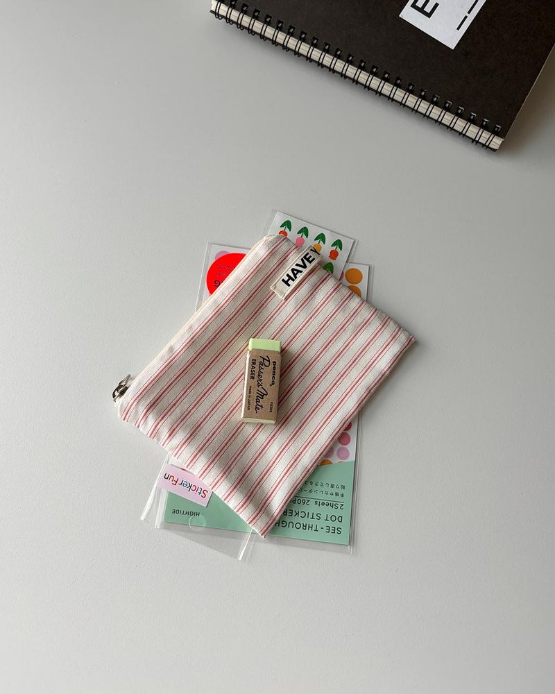 Pin stripe flat pouch - red , M size