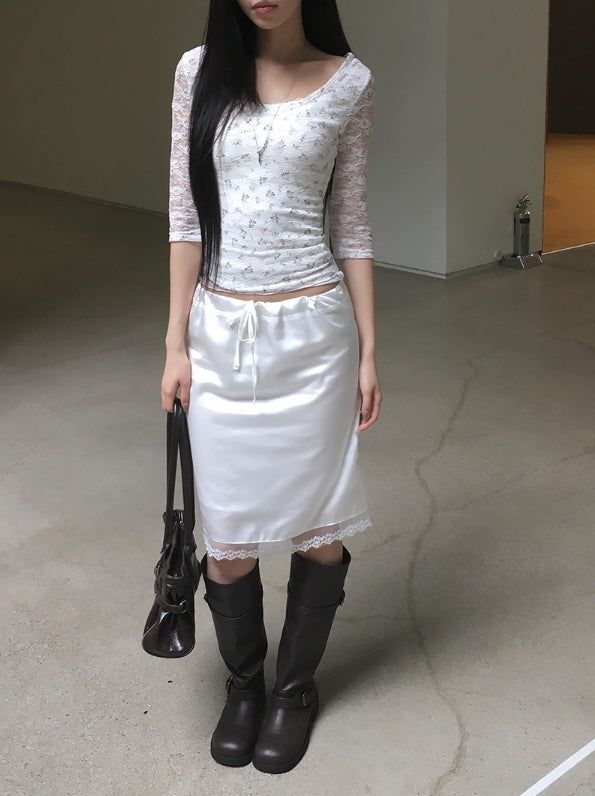 Oin Satin Lace Midi Skirt