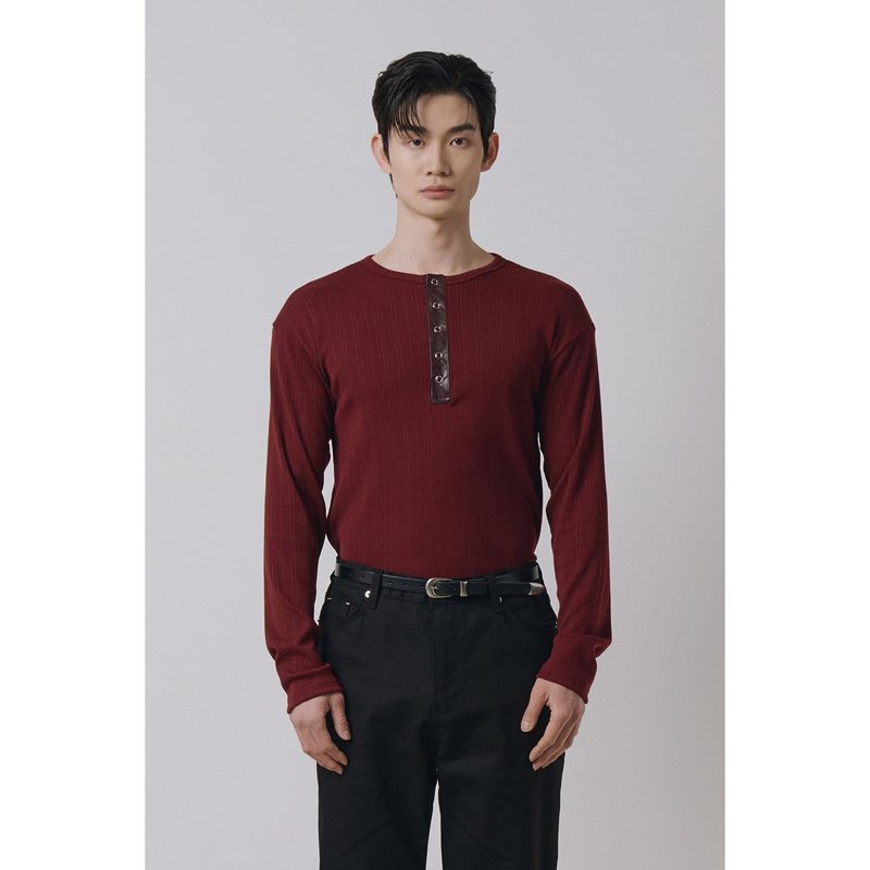 LAURANTSEOUL（ローラントソウル）の「Leather ribbed henry neck long sleeves(Burgundy)（Tops）」