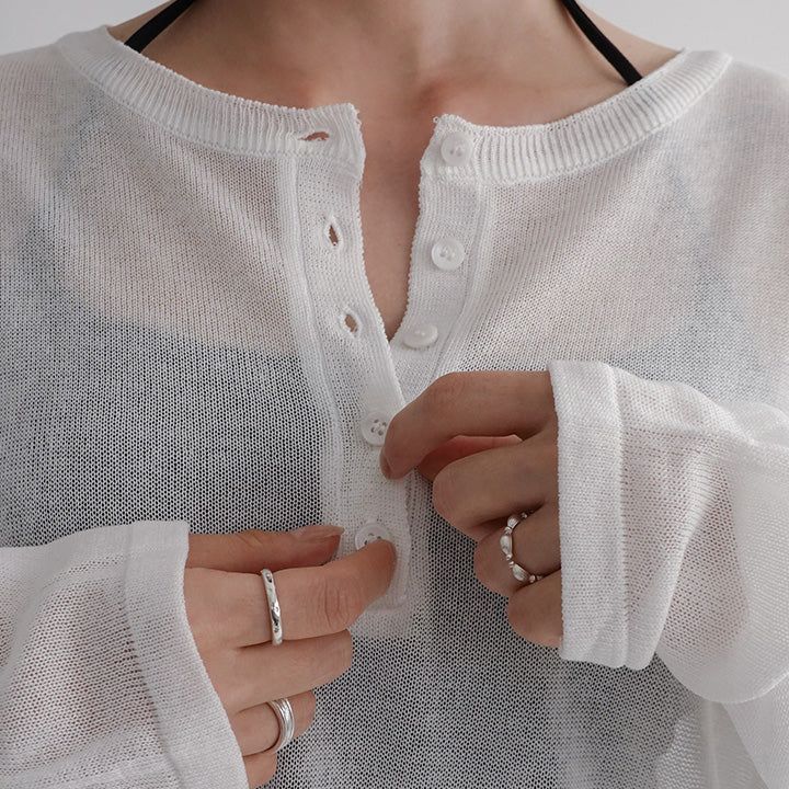 [Bedis] Henley neck see-through long-sleeved knitwear -3 colors