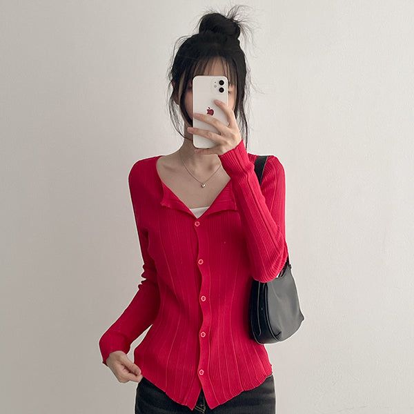 Flower Snap* Snit Slip Ribbed Knit Cardigan (4 colors)