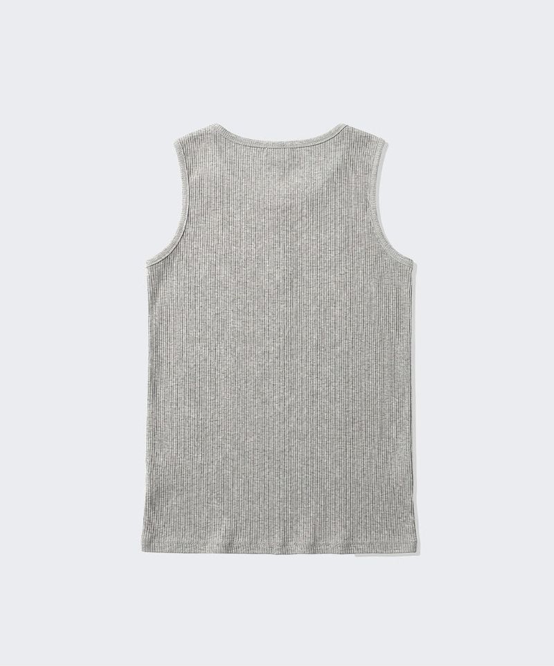 Ribbed Henley-Neck Sleeveless Top Gray