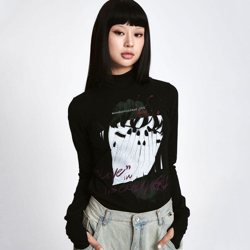 wonder visitor（ワンダービジター）の「Crying slim Turtleneck Top [Black]（Tops）」