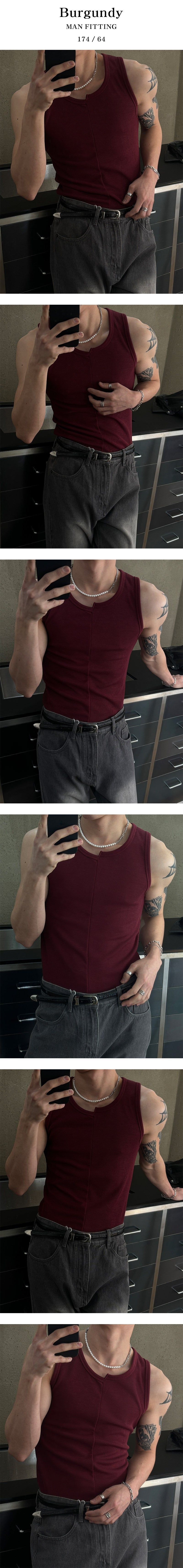 [MUSCLE FIT] アンバランススリットスリーブレス(4color)