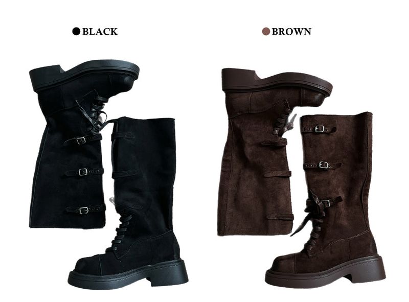 Kelvo Triple Buckle Belt Lace-Up Suede Oversole Long Boots (2 Colors)