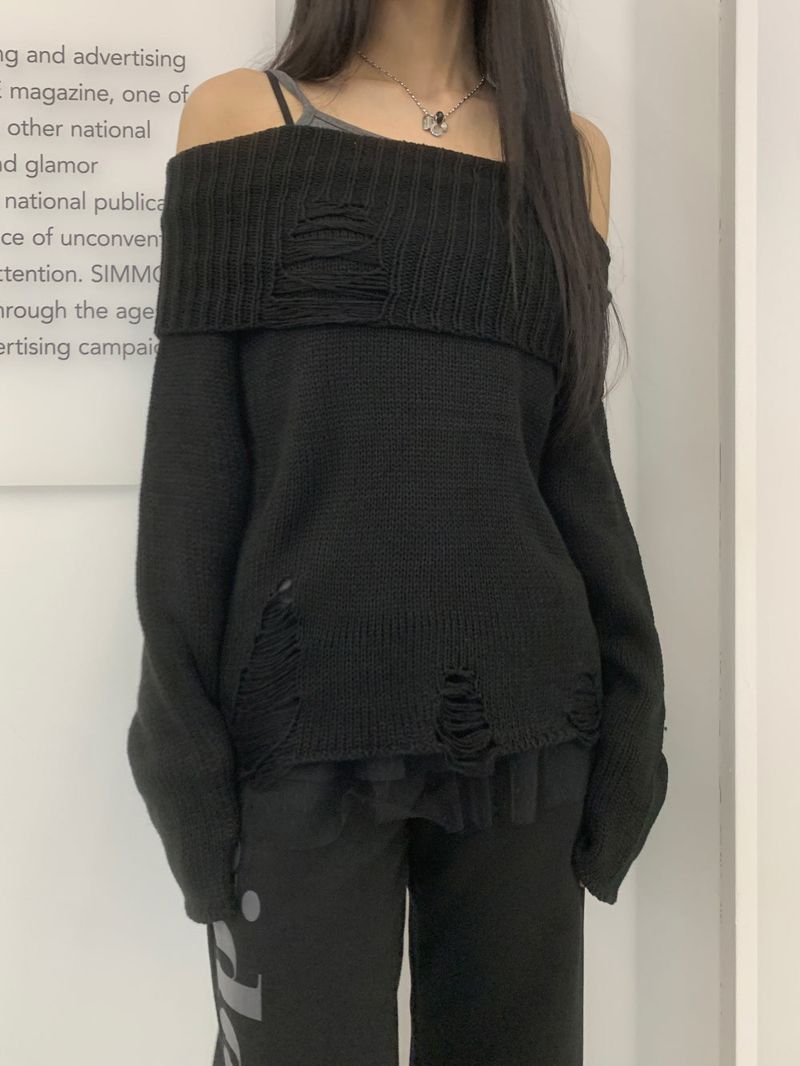 Damage Off-Shoulder Long Sleeve Knit (4 Colors)