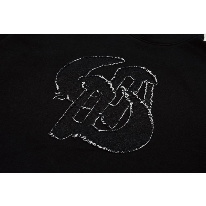 WASHED DENIM APPLIQUE SHORT HOODIE_BLACK