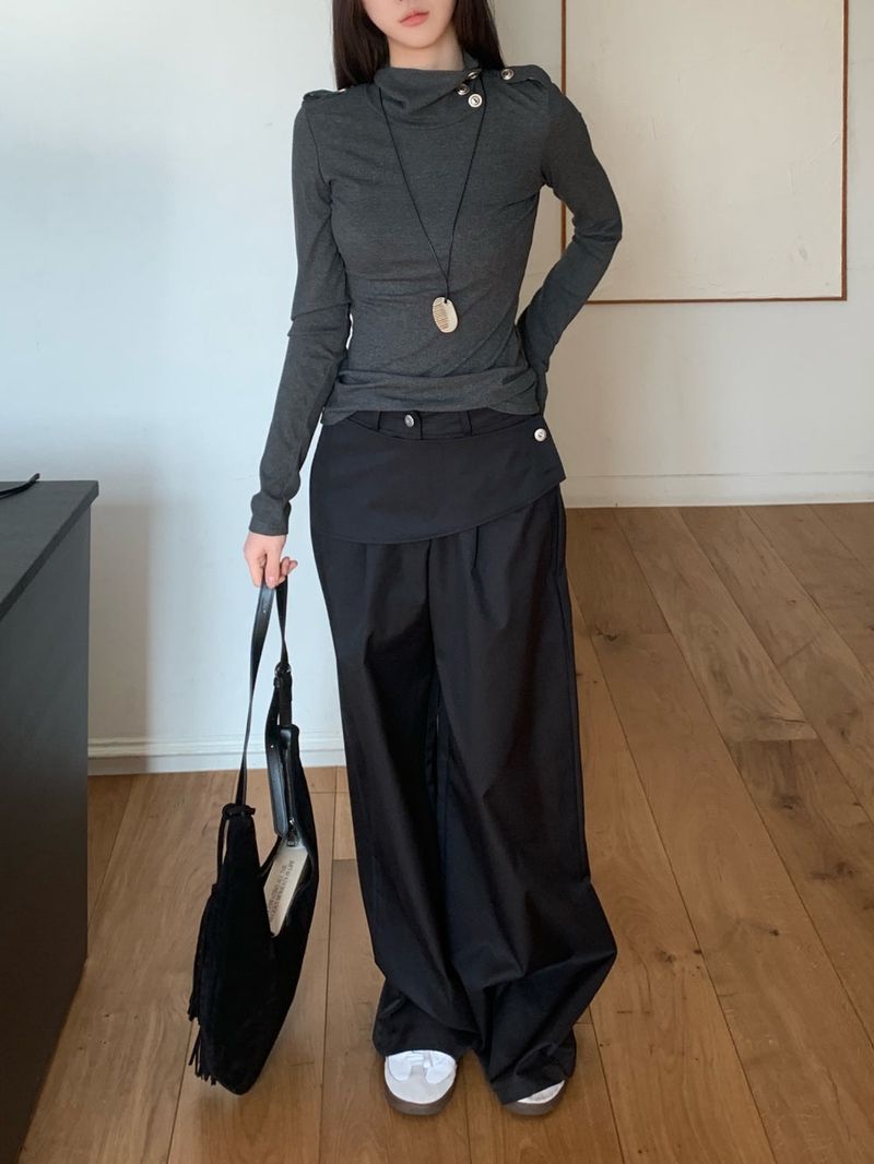Close Pintuck Wrap Two Button High Waist Long Wide Pants
