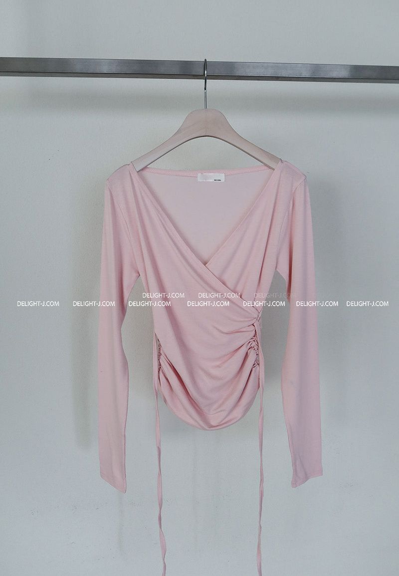 Deep V-neck Off-Shoulder Wrapped Shirring T-shirt