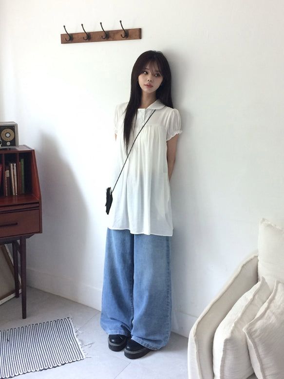 Selly Button Round Collar Puff Sleeve Frill One Piece