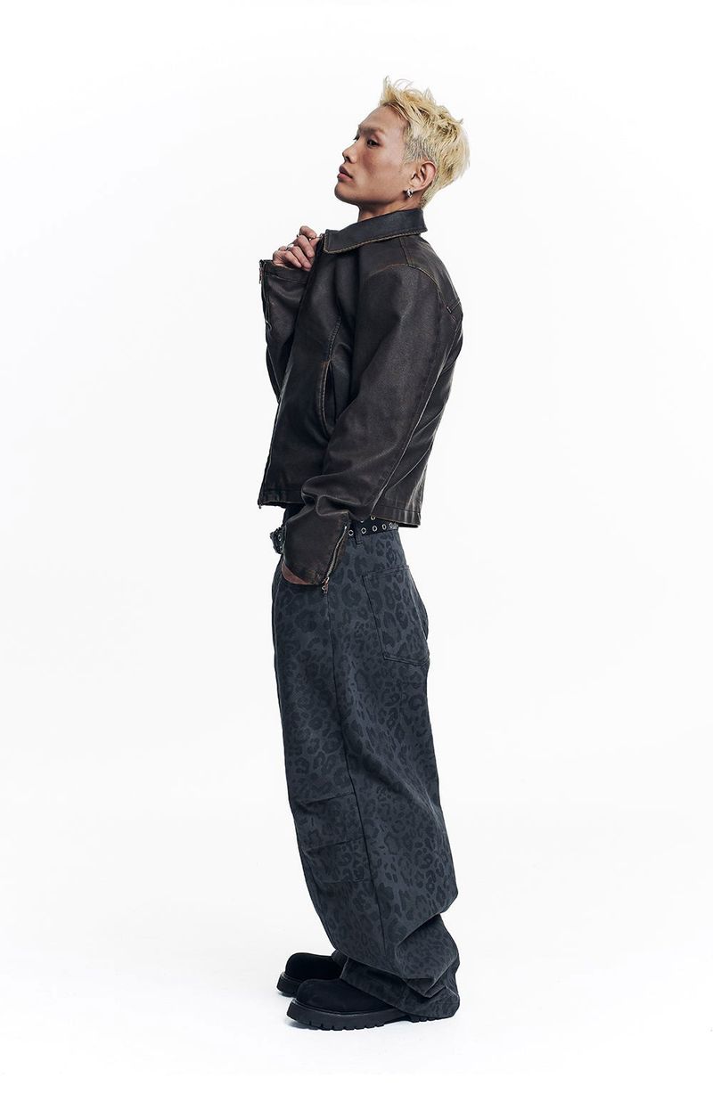 Washed Leather Crop Jacket - Brown