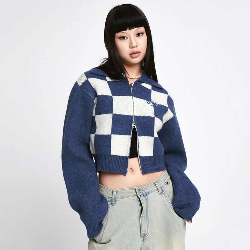 Wool Checkerboard Knit Zip-up  [2 Color]