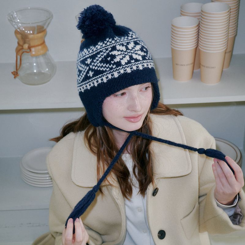 Snowflake Jacquard Earflap Beanie (Navy)