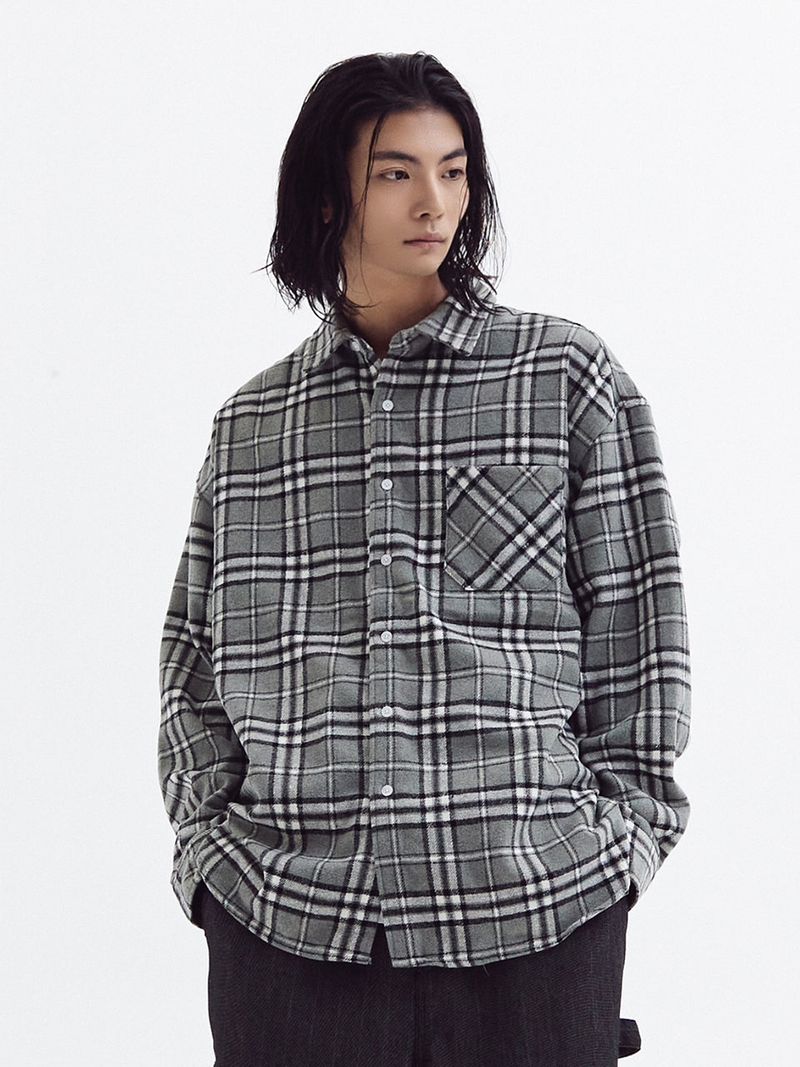 Loose wool check shirts Gray