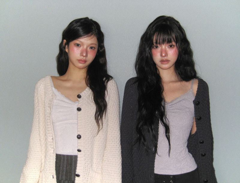 TURTLE-BUTTON KNIT CARDIGAN CHARCOAL