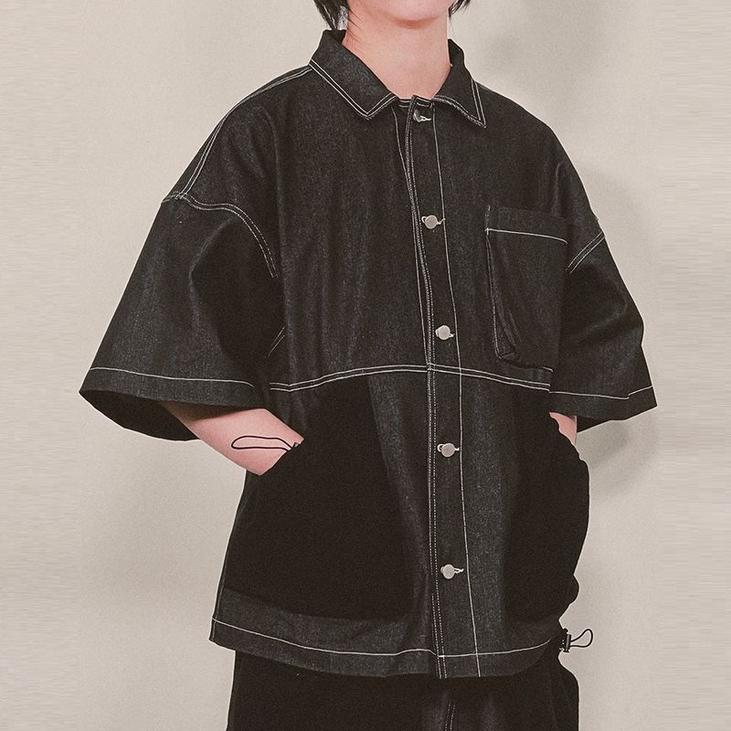 reverse terry pocket denim shortsleeve shirt_black