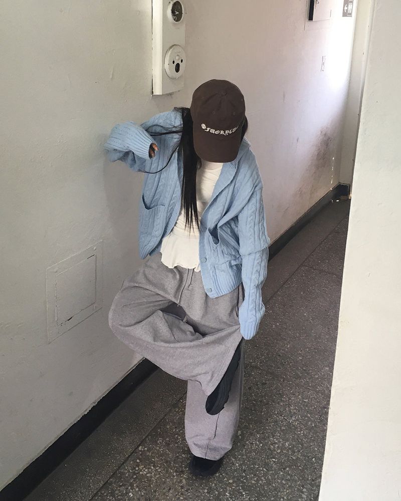 Gazen Back Pocket Patch Point Pintuck Sweat Wide Pants