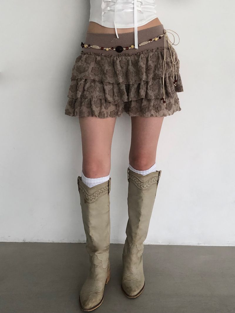 Beige Flower Frill Skirt&Pants