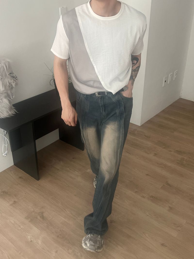Wave-washed incision wide denim(2colors)