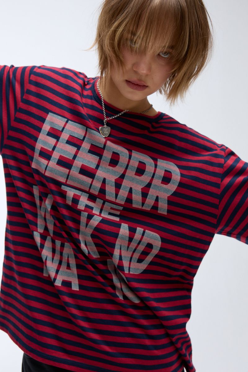 Weekend warrior typography printing stripe long sleeve (Red)