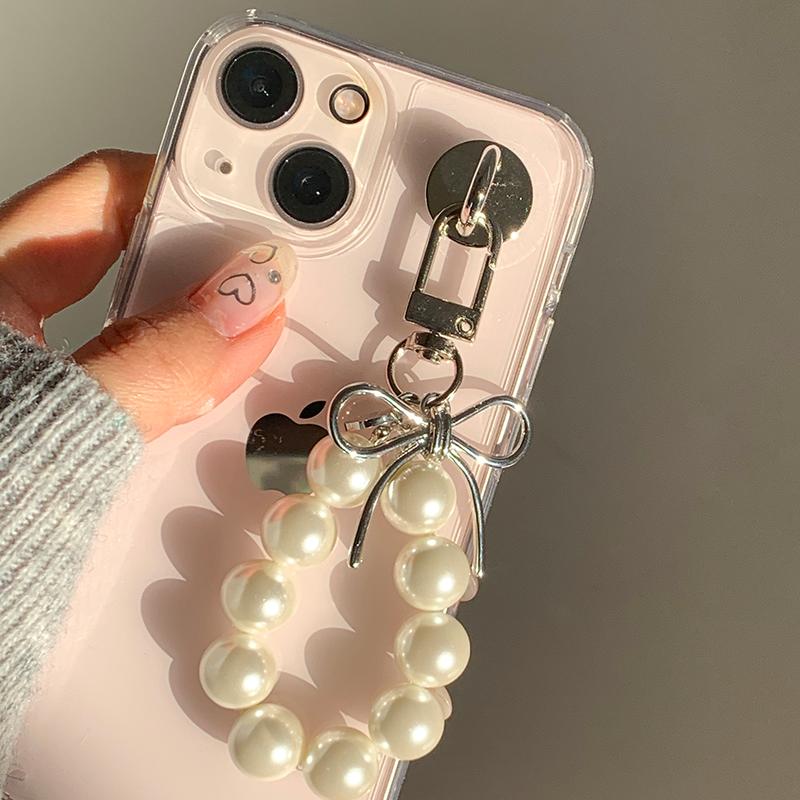 [handmade] silver ribbon pearl keyring (white)