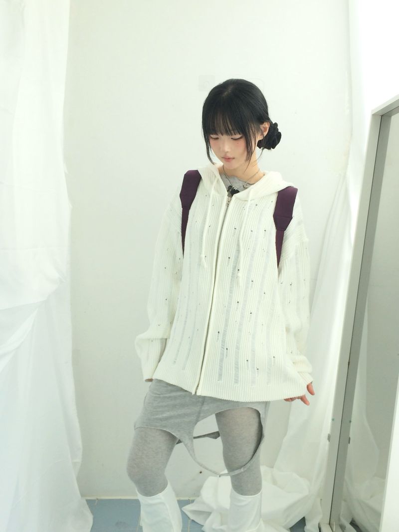 Punch Damage Hooded Knitwear Zip-Up