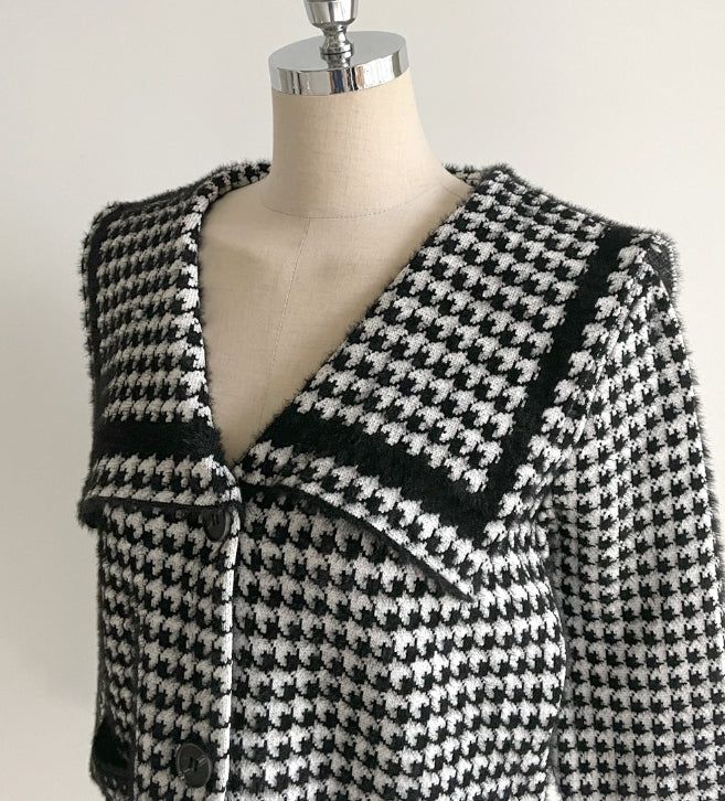 Marron Sailor Collar Hound Check Knit Jacket Cardigan