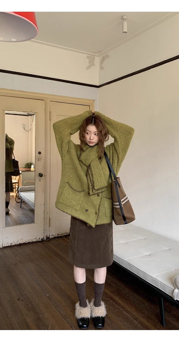 Green tea wool muffler knit cardigan