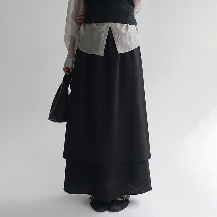 [Lanek] Banding Wrinkle Flare Long Skirt - 3 Colors
