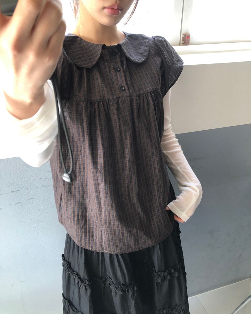 Lupek Ribbon Check Short-Sleeve Blouse