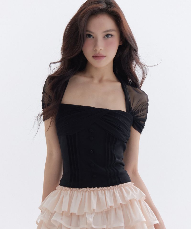 THETIS（ザティス）の「ROSEE MESH PINTUCK BOLERO T-SHIRT_TT6S211BK（Tops）」