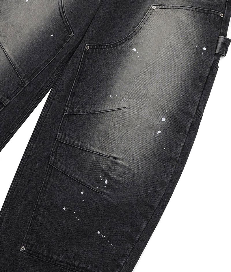 Curved Double Knee Denim Pants - Black