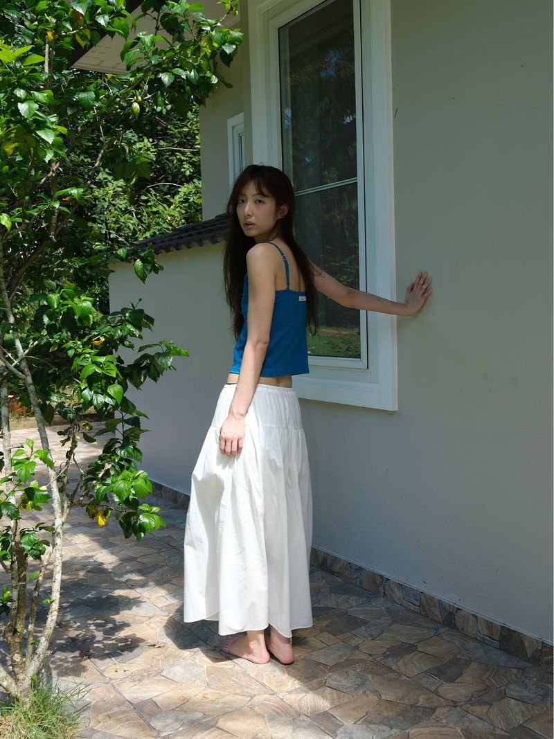 Shirring Cotton Maxi Skirt (White)