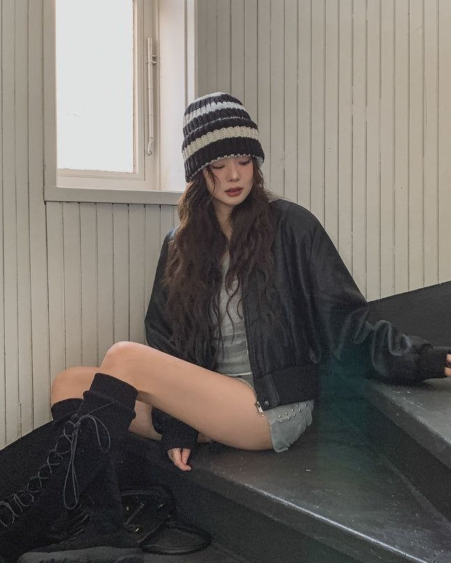 [Mink Lining] Phobia Winter Crop Leather Jacket