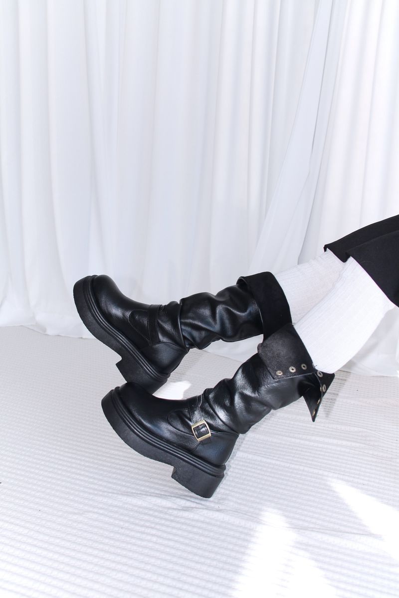 Buckle Leather Half Middle Boots