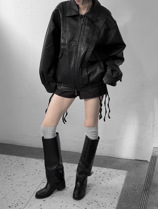 (unisex) Panel Deep Two-Way Leather Jacket