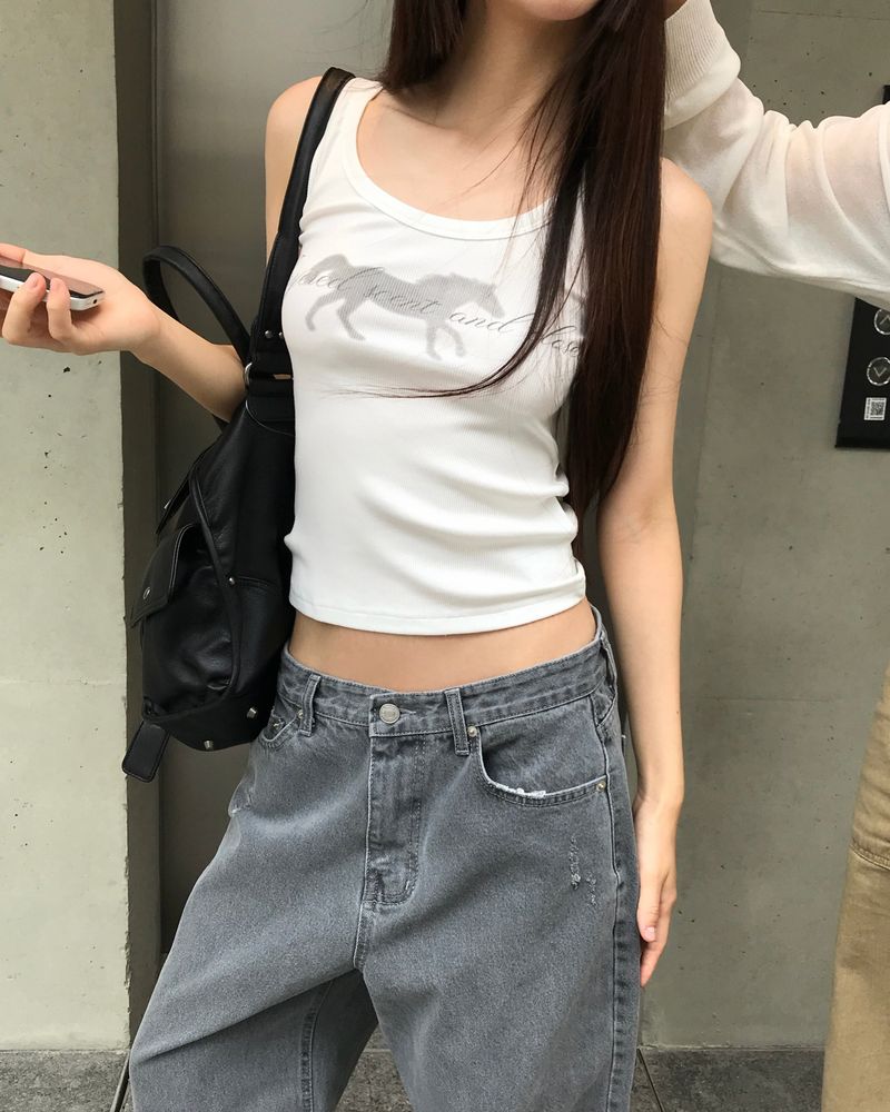 [ORIGINAL] Ash U-neck Lettering Ribbed Sleeveless