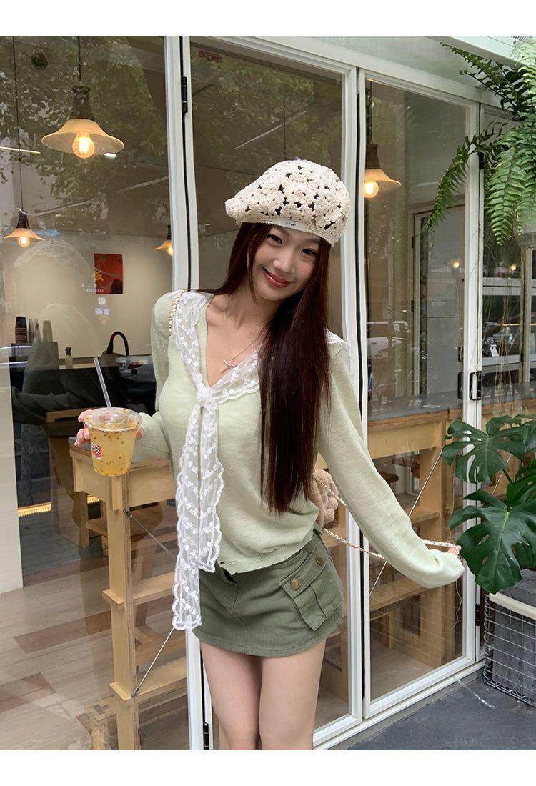 Mint green lace thin V-neck knitwear