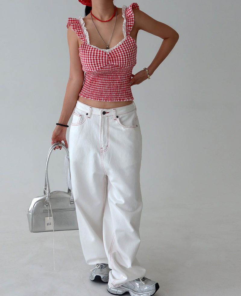 Check lace smoke banding blouse