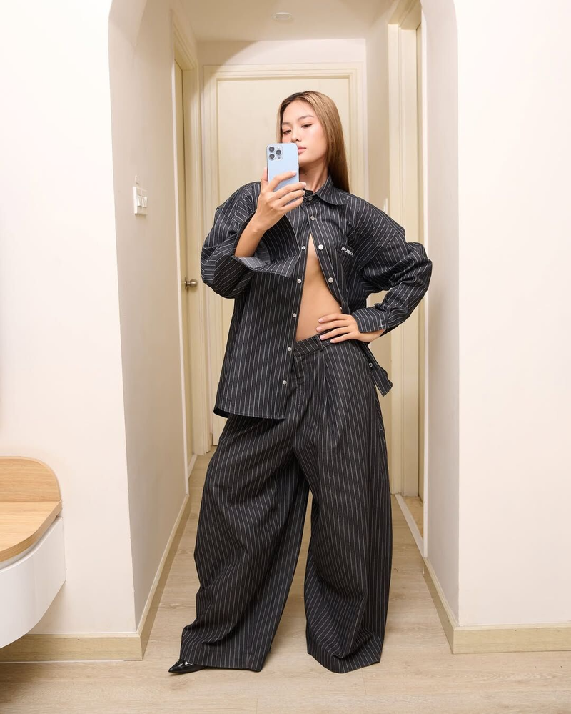 PUSH PUSH PP STRIPES PANTS ストライプワイドパンツ（ブラック