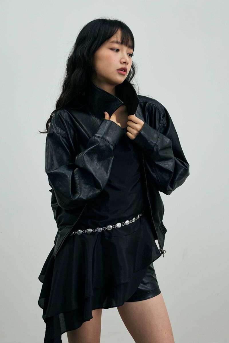 PAMELA LEATHER BOMBER JACKET / BLACK